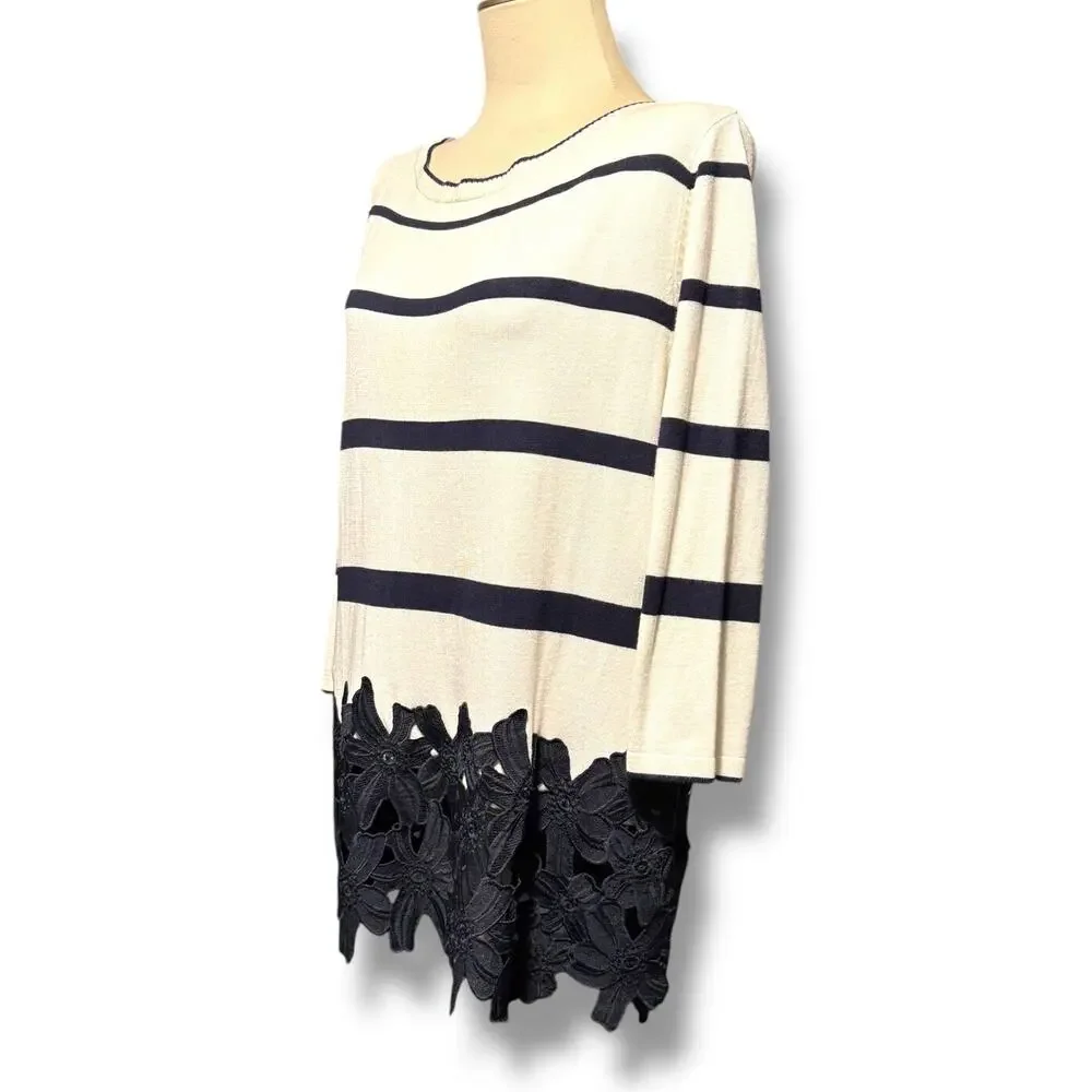 Lane Bryant Floral Applique Lace Hem 3/4 Sleeve Navy Stripe White Sweater 14/16